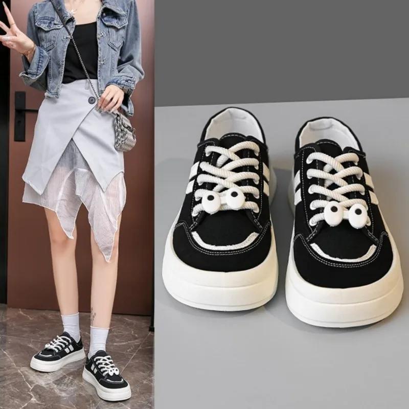 Fashion 2024 New Spring Summer Black Half-drag Canva Shoes Women's Breathable Versatile Hong Kong Style Two-wear Slip-on Heel Shoes