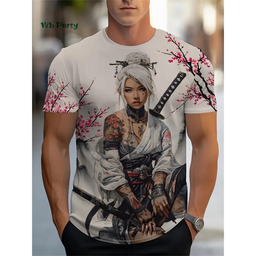 Sakura Samurai Pattern Men's T-Shirt Japanese Anime Short Sleeve T-Shirt Harajuku Tops Summer Men's Oversized Casual Clothing