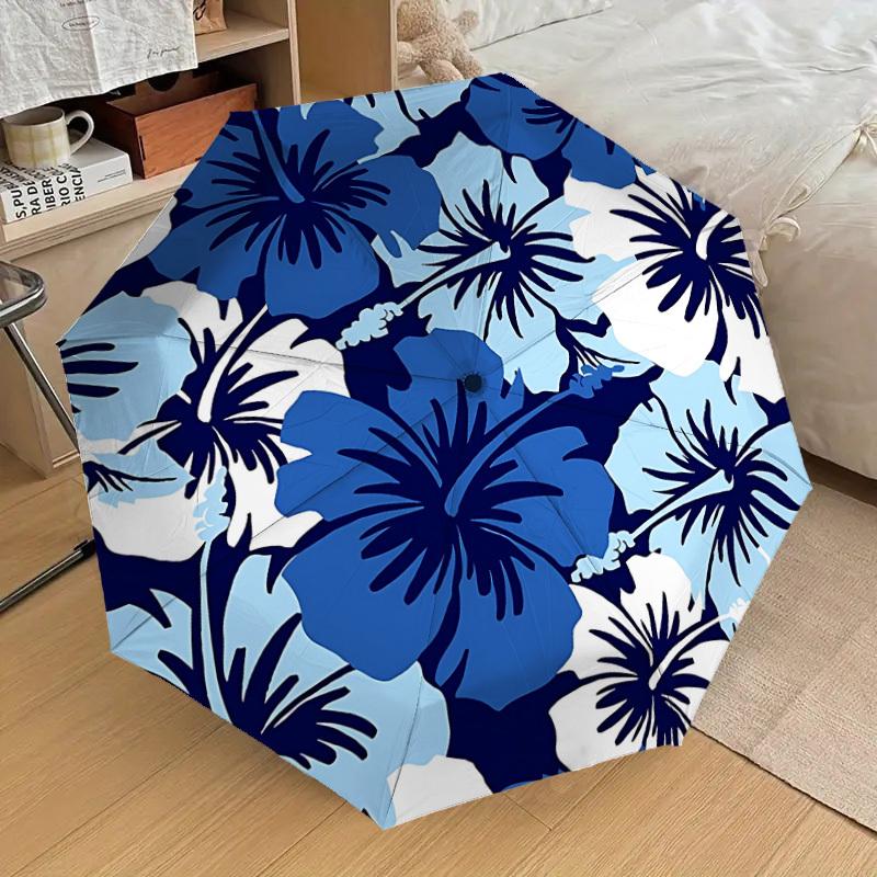 1pc Blue Floral Print Automatic Folding Umbrella, Portable Collapsible Design, 8-Rib Iron Frame, Outdoor Accessory Yy250905093