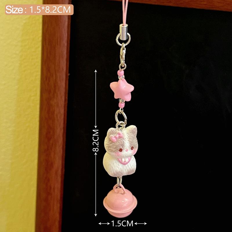 Bell Cat Bead Keychain Cartoon Kitten Star Phone Charm Handmade Ornament Jewelry Keyring Phone Chain Lanyard Pendant Girls Gift