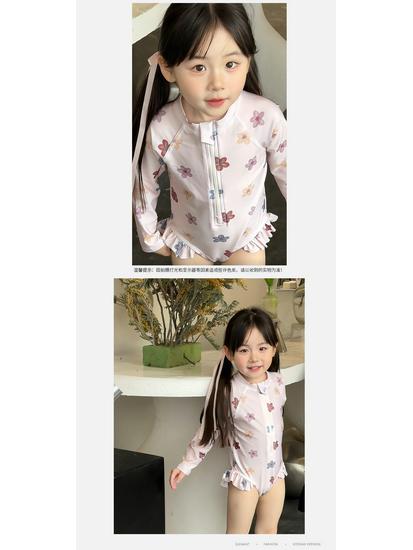 Jednoczęściowy strój kąpielowy z długim rękawem dla dziewczynek - Uroczy styl księżniczki z ochroną przeciwsłoneczną dla maluchów, Idealny na wiosenne i letnie wakacje