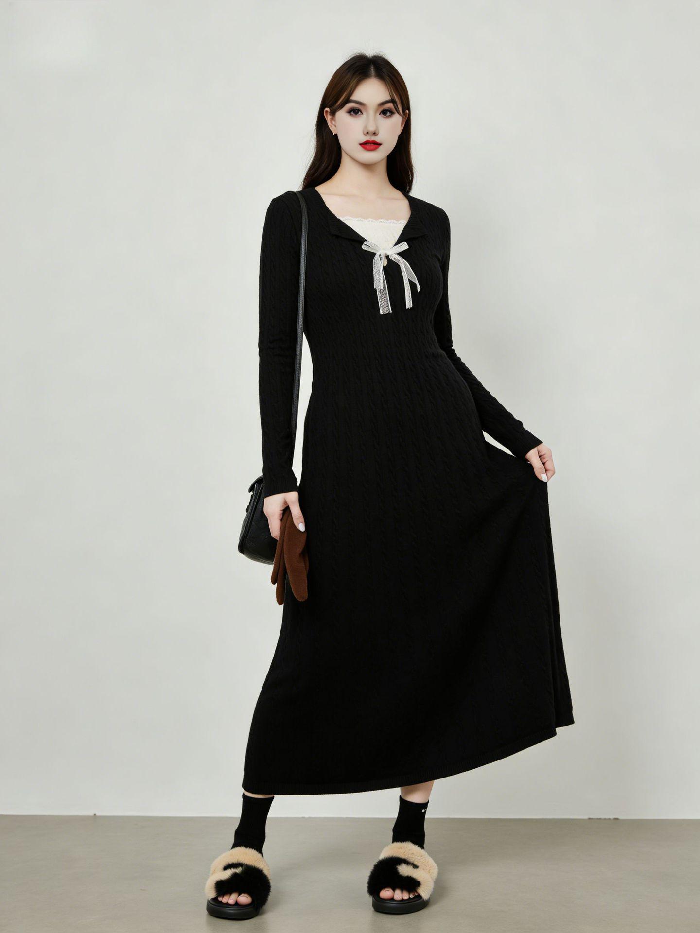 

Free Shipping: Plus Size Women s Bowknot Two-Piece Woolen Winter Dress 2025 XXL (151-180 lbs) чёрный