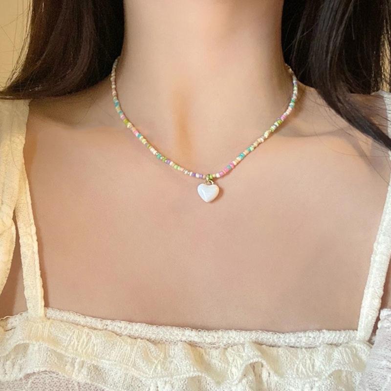 Bohemian Beaded Necklace Summer Rice Bead Love- Necklace Hawaii Beach Necklace Jewelry Suitable for Ladies and Girls