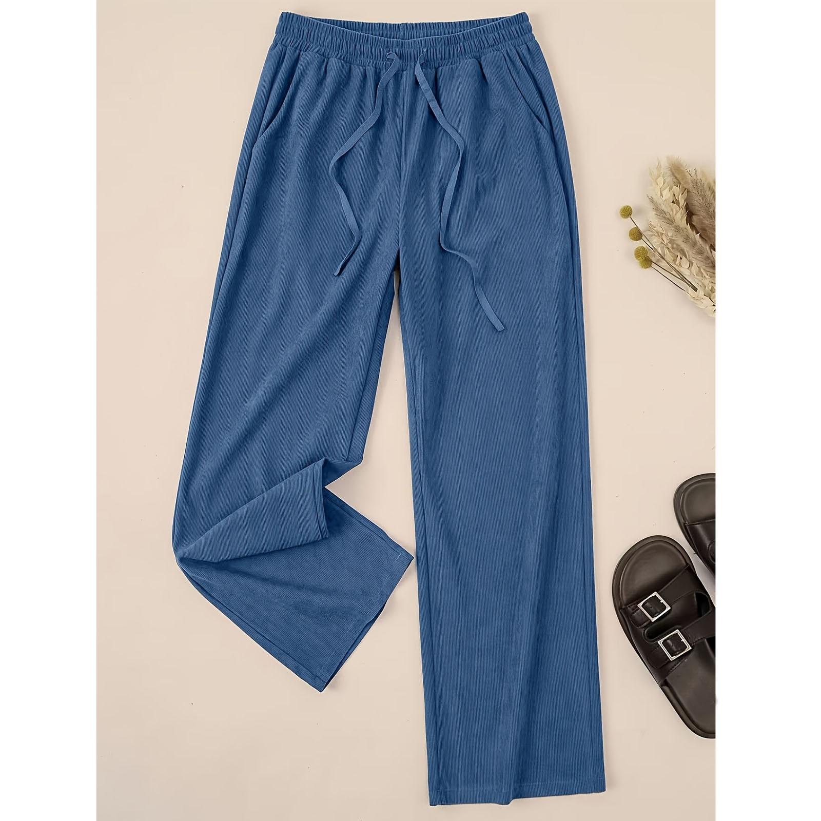 

Женские модные однотонные брюки с эластичной талией и карманами на шнурке, прямые брюки L синий