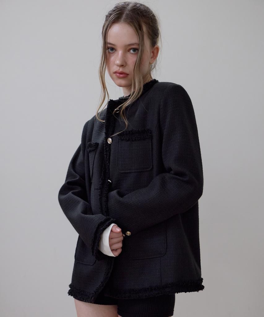 ROSEFRANTZ Fringe Pocket Tweed Jacket [Black]