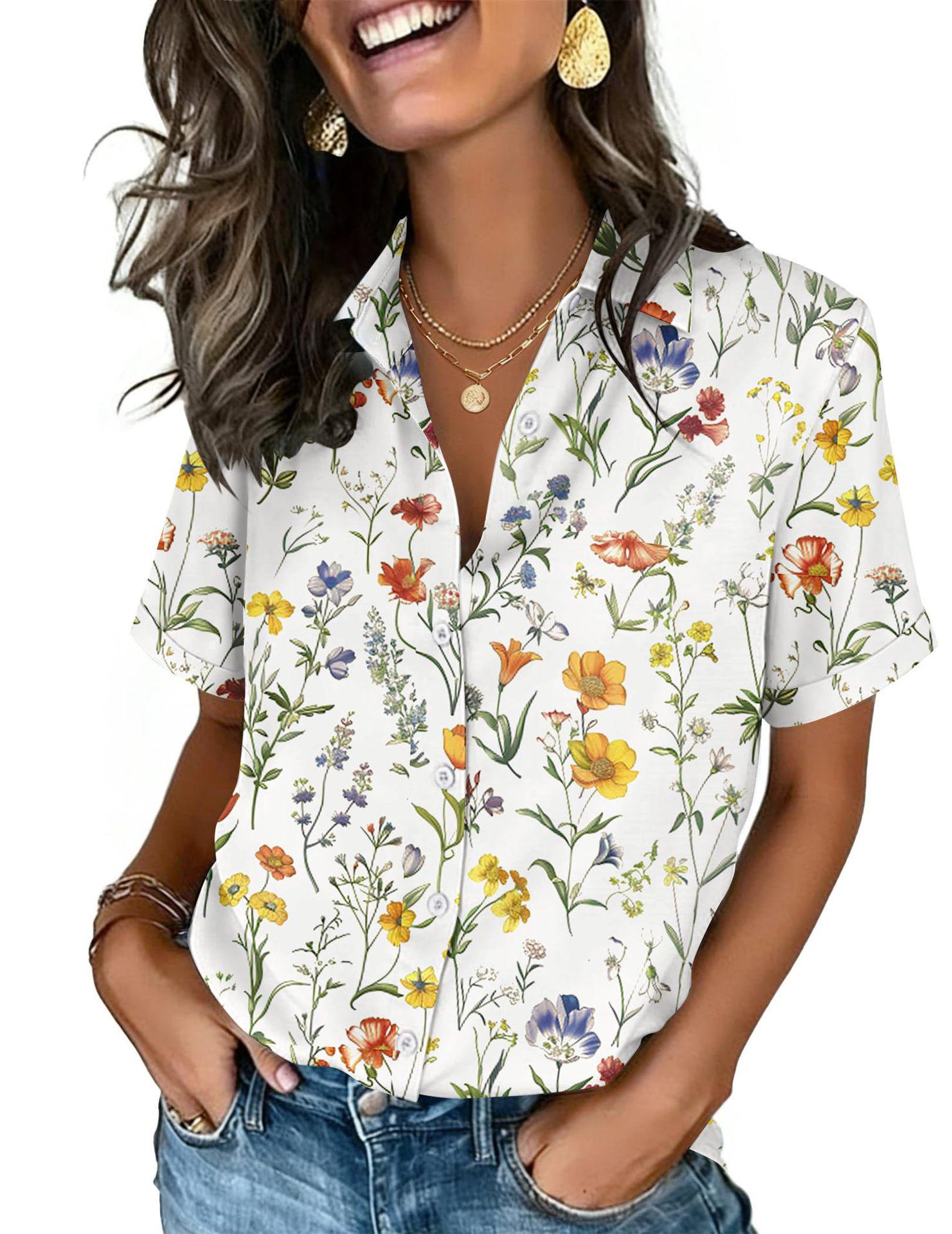 Elegant Women s Spring/Summer V-Neck Lapel Blouse with Printed Design L