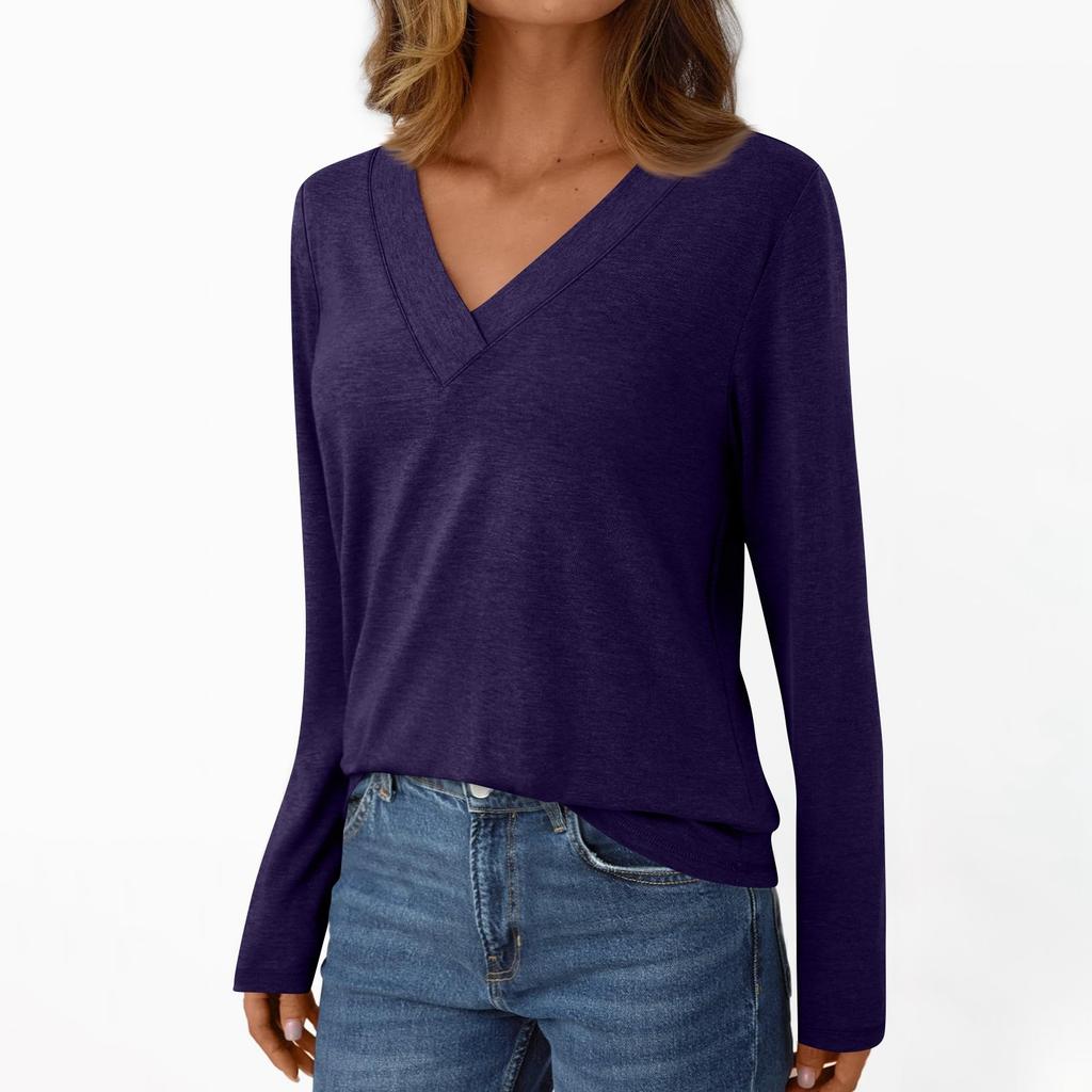 Women's Casual Fashion Brushed Solid Color Long-sleeved V-neck Top T-shirt