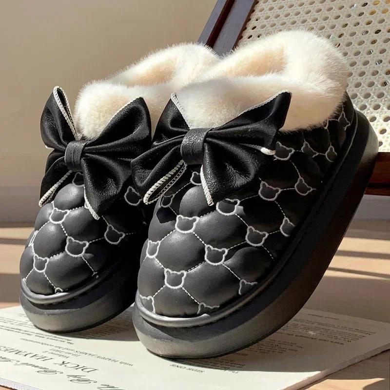 Winter Women Snow Boots Cute Bow Cotton Shoes Waterproof Down Ankle Boots Home Comfort Thick Soled Plush Boots Cotton Slippers