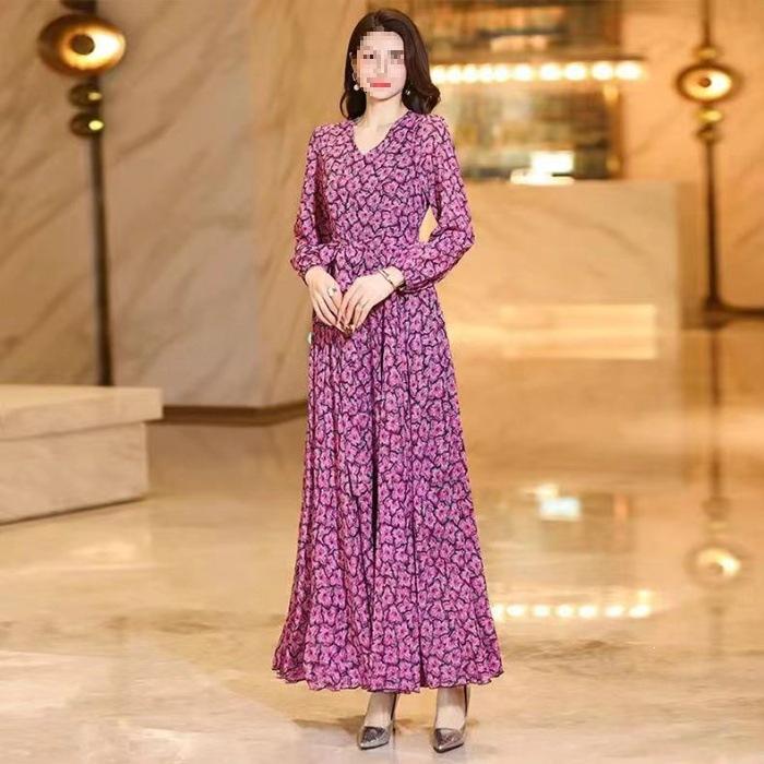 Chic Printed Long Dress for Women - Slimming, Elegant, & Waist-Cinching for Spring, Summer, Autumn. L