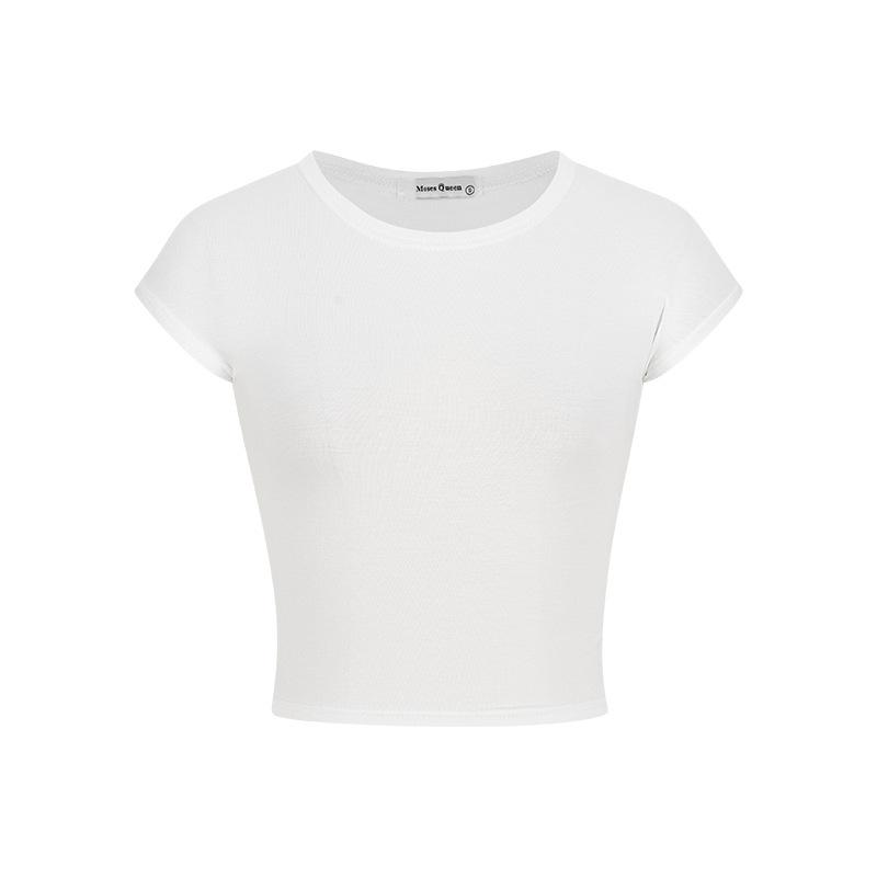 

Front shoulder crew neck Spice Girl open button short sleeve T-shirt, summer new short top women M