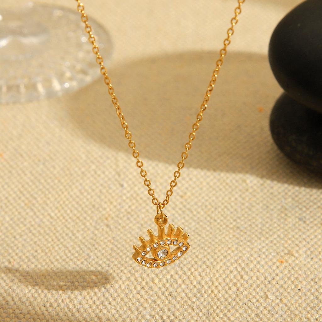 Titanium Steel Gold Plated Diamond Evil Eye Pendant Necklace Fashion Choker Jewelry