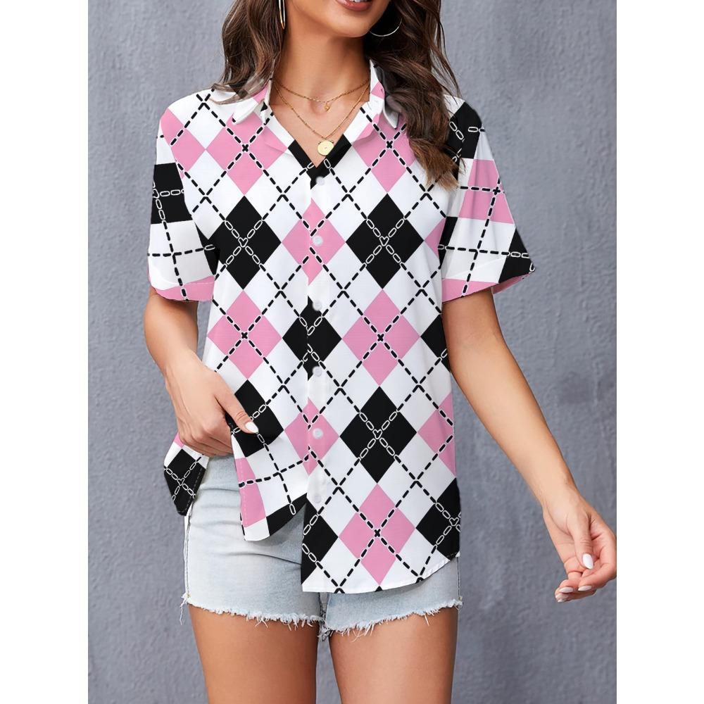 Women s Short-Sleeve Button- Shirt with Black/White/Pink Rhombus Print - Collar Summer Blouse S