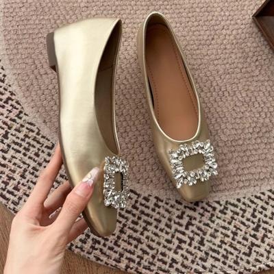 Inside Heightened Flat Shoes Summer New Square Toe Shallow Mouth Crystal Square Buckle Soft Sole Soft Leather Single Shoes