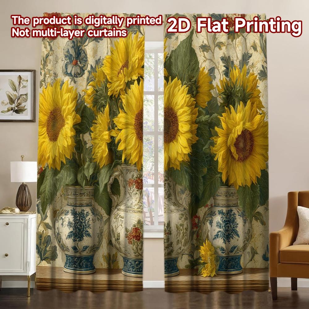 

Set Of 2 Modern Flat Printing Curtains Without Rod Sunflower Bouquet Design Pattern Durable Polyester Fabric Curtain W100*H70(CM)-Hooks&2PCS
