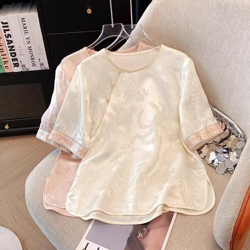 High-end loose meat covering and thin short-sleeved summer new product retro inner improved satin shirt women