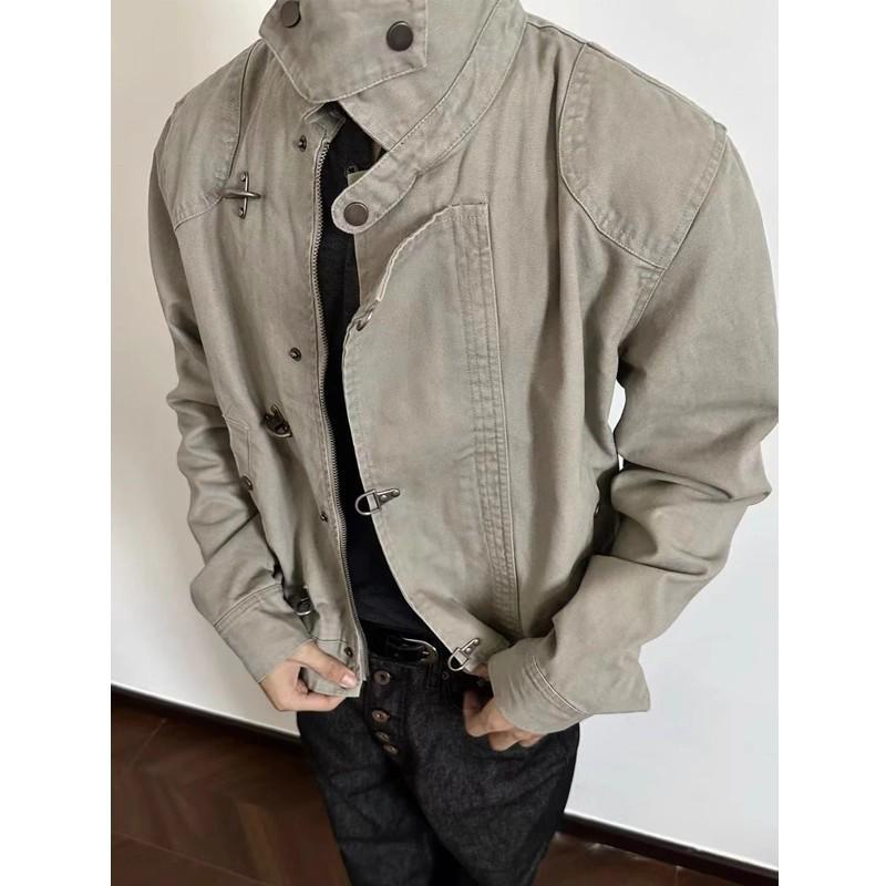 Vintage Distressed Aircraft Buckle Lapel Jacket, Unisex Spring/Autumn Retro Short Wide Workwear Style