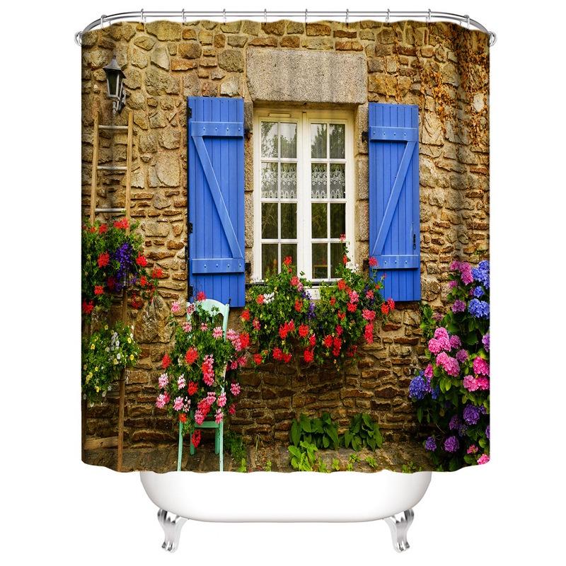 Polyester Printed Bathroom Shower Curtain With Modern Window Design