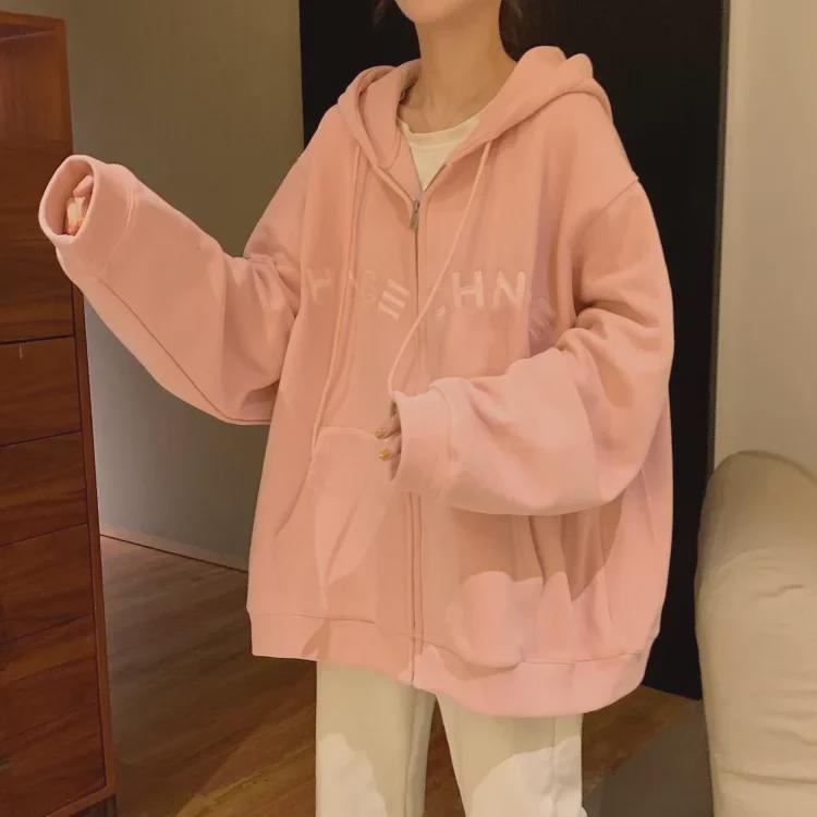 Women's Plus Size Velvet-Lined Embroidered Hooded Sweatshirt - Cozy Autumn/Winter Loose Fit Zipper Cardigan