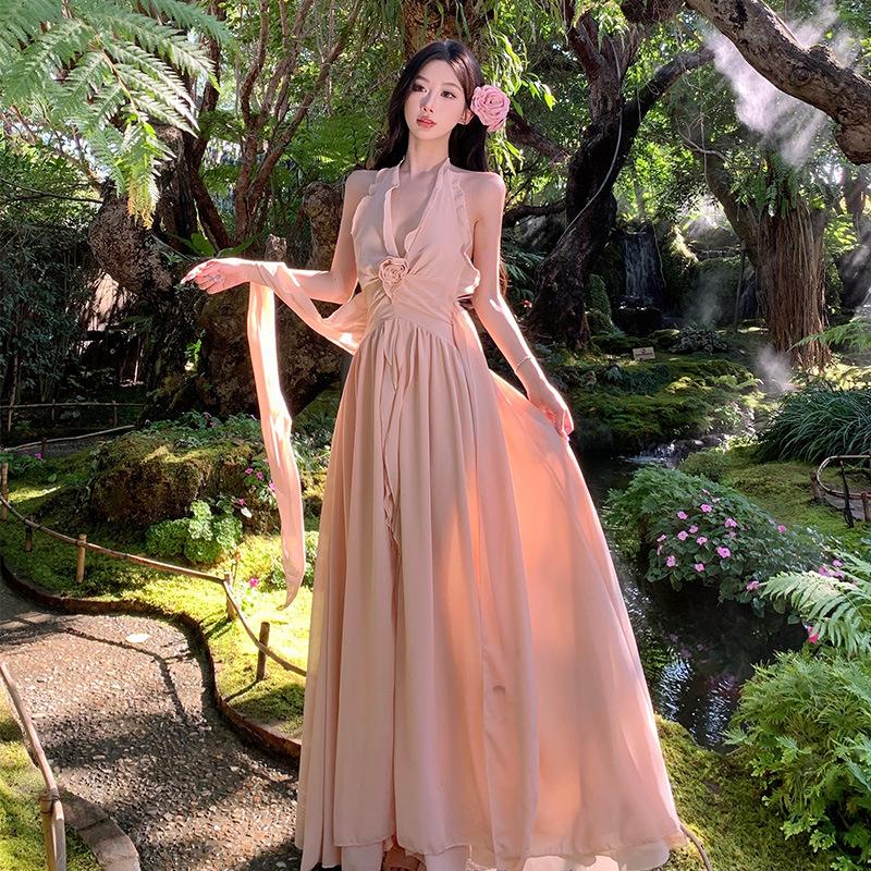 Sexy Backless Neck Dress Women's Summer Vacation Gentle Long Dress French Split Waist Skirt