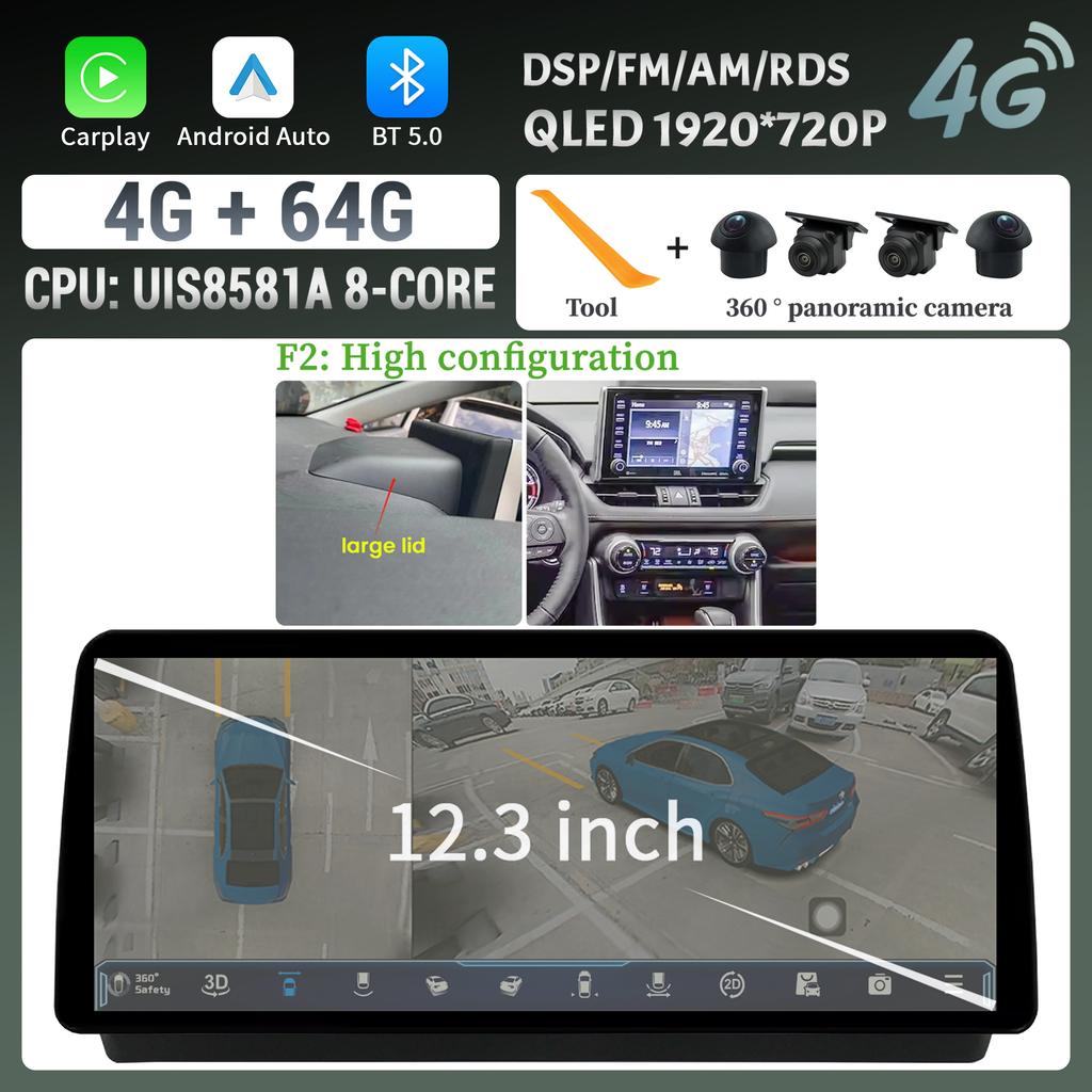 12.3inch Car Radio For Toyota RAV4 2020-2022 Multimedia Navigation Stereo 4G Wireless Bluetooth Carplay Touch Head Unit Screen