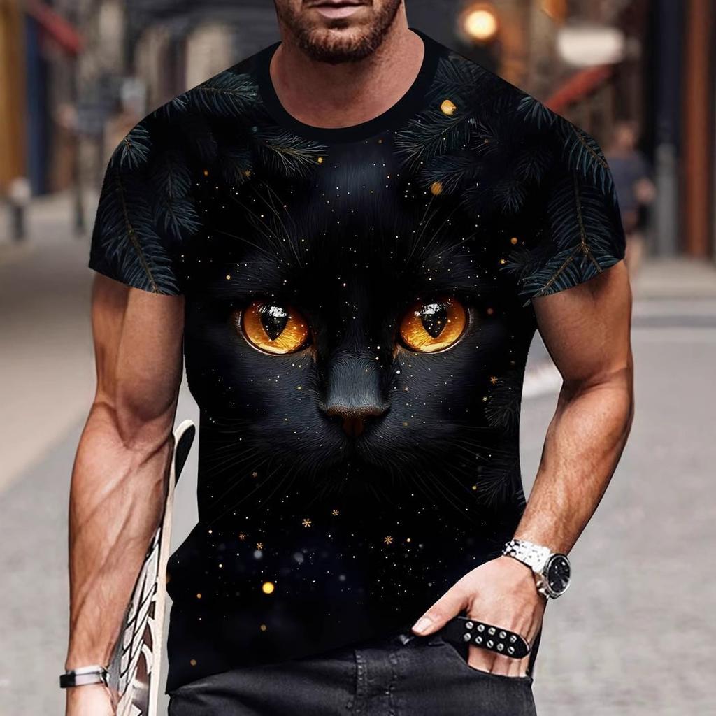 3D Cat Animal Pattern Short Sleeved T-shirt for Summer, Breathable and Sweat Proof Top Men's T-shirts