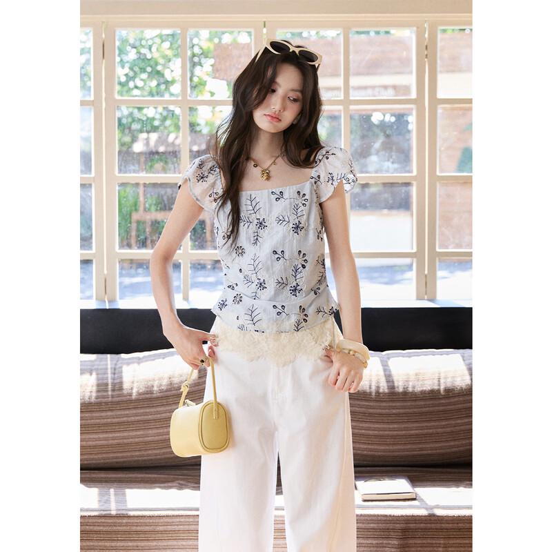 French Retro Embroidered Tencel Blouse