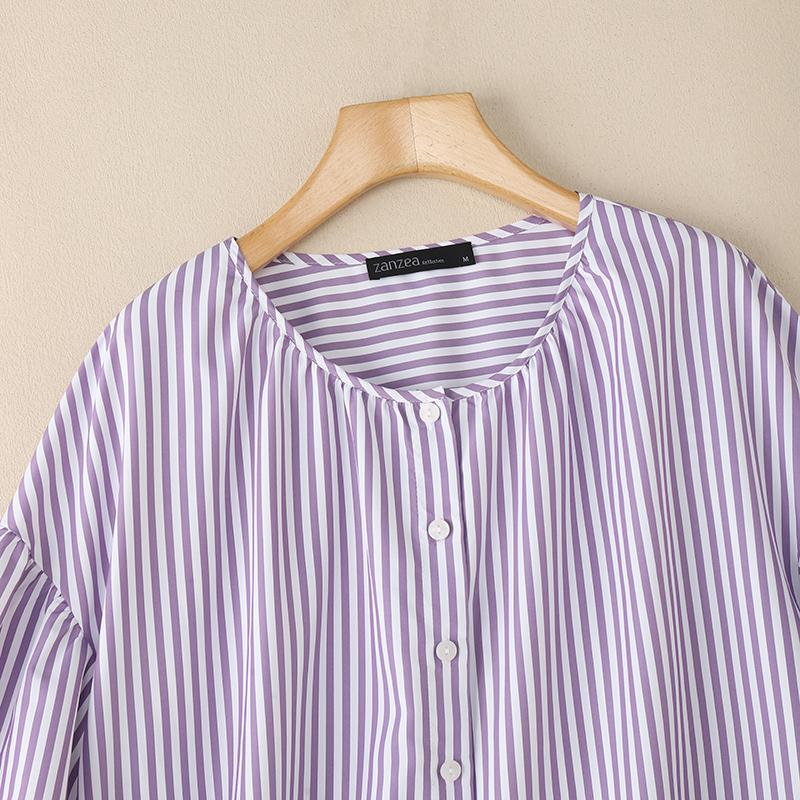 ZANZEA Women Casual Round Neck Loose Long Sleeve Stripe Blouse