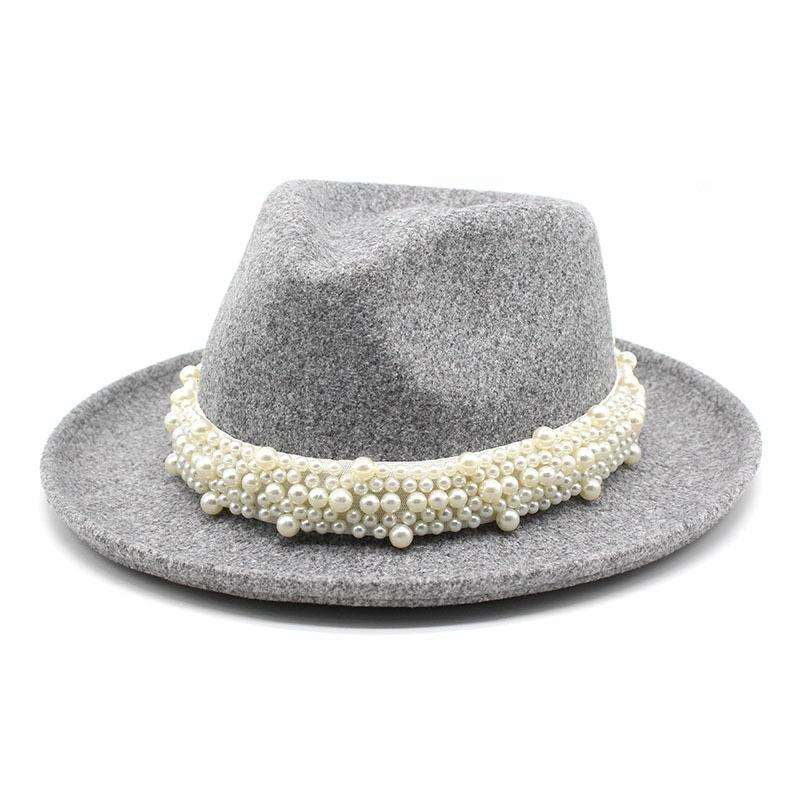 Pearl Wool Top Hat Men'S And Ladies' Jazz Hat Rolled Eaves Big Eaves Hat Tweed Wool Hat