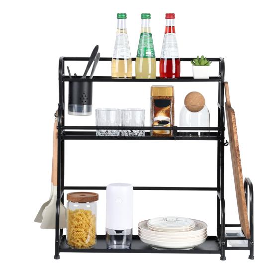 Standing Spice Rack, 3-Tier Kitchen Countertop Shelf with Stepped Design, Spice Rack Organizer and Hooks, Utensil Holder, Chopping Board Holder, Black