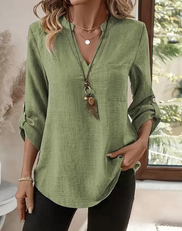 Autumn and Winter New Women's Clothing Button V-neck Pocket T-shirt Top Women