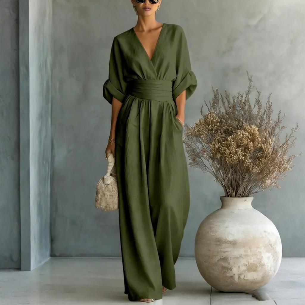 Tuta Elegante da Donna a Gamba Larga con Scollo a V e Cintura