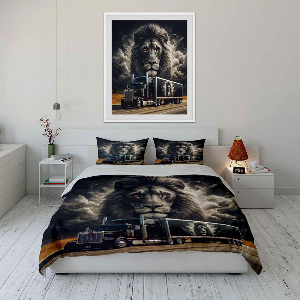 Bold Lion-Themed Truck Design Exquisite Three-Piece Bedding Set Gift For Kids And Adults