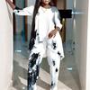 Women Plus Size Three Quarter Sleeve Round Neck Irregular Hem Printed Top Wide Leg Pants Two Piece Set