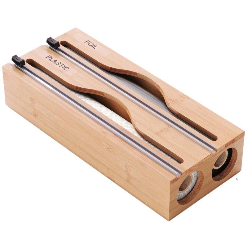 Eco-Friendly Bamboo Kitchen Wrap Cutter and Foil Storage Box - Wall-Mounted 2-in-1 Organizer for Easy Carry and Practical Use