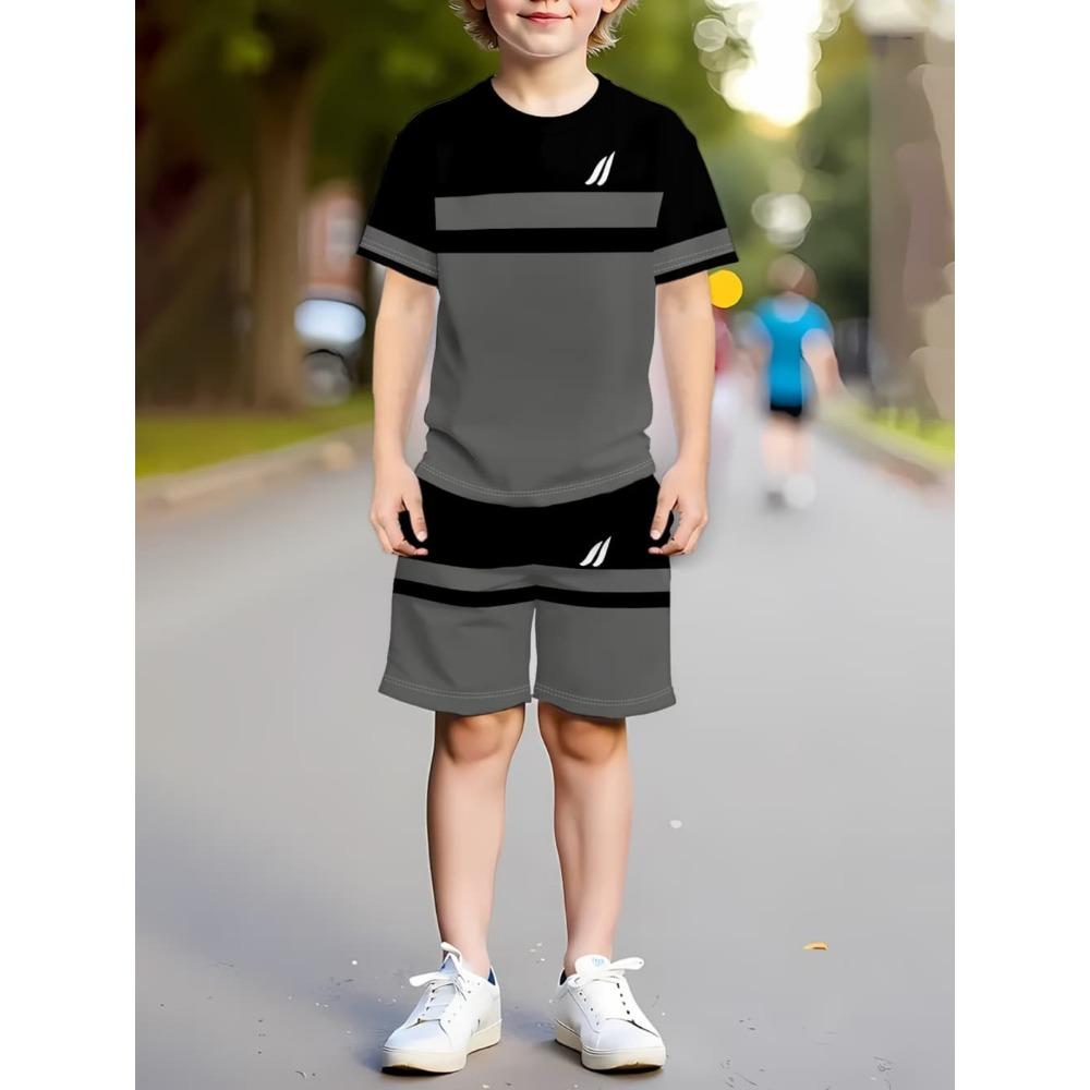 Boys Clothes Simple Striped 3D Printed Short Sleeve T-Shirt Sets Loose Casual Summer Outdoor Quick Drying Children's Clothing
