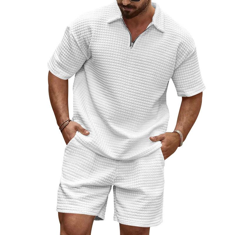 

Summer Men Waffle Texture Solid Color Lapel Shirt Casual Fashion Sports Tracksuit Two-Piece Set S