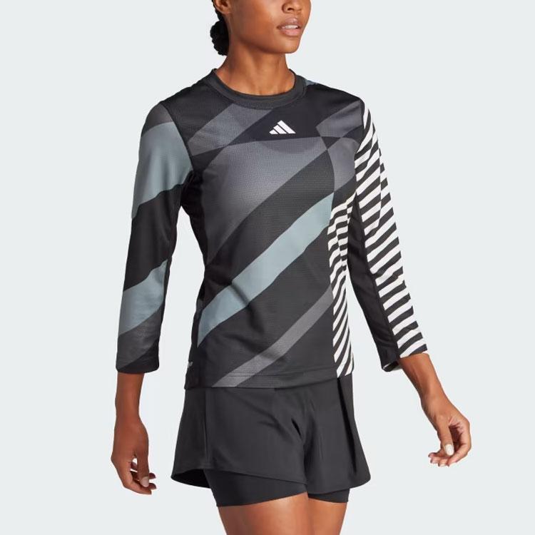 Adidas Tennis Heat.Rdy Pro 3/4 Sleeve Long Sleeve Top Striped Color Block Round Neck T-Shirt Women Tops Black IL9592