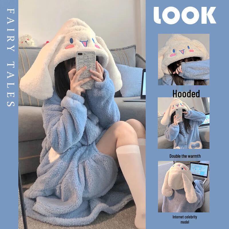 Women s Thickened Coral Fleece Hooded Pajama Robe One Size