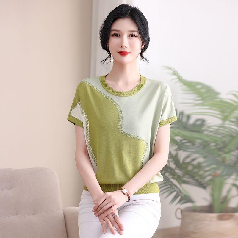 Summer Women's Ice Silk Knitted T-shirt Thin Middle-aged and Elderly Women's Knitted Top