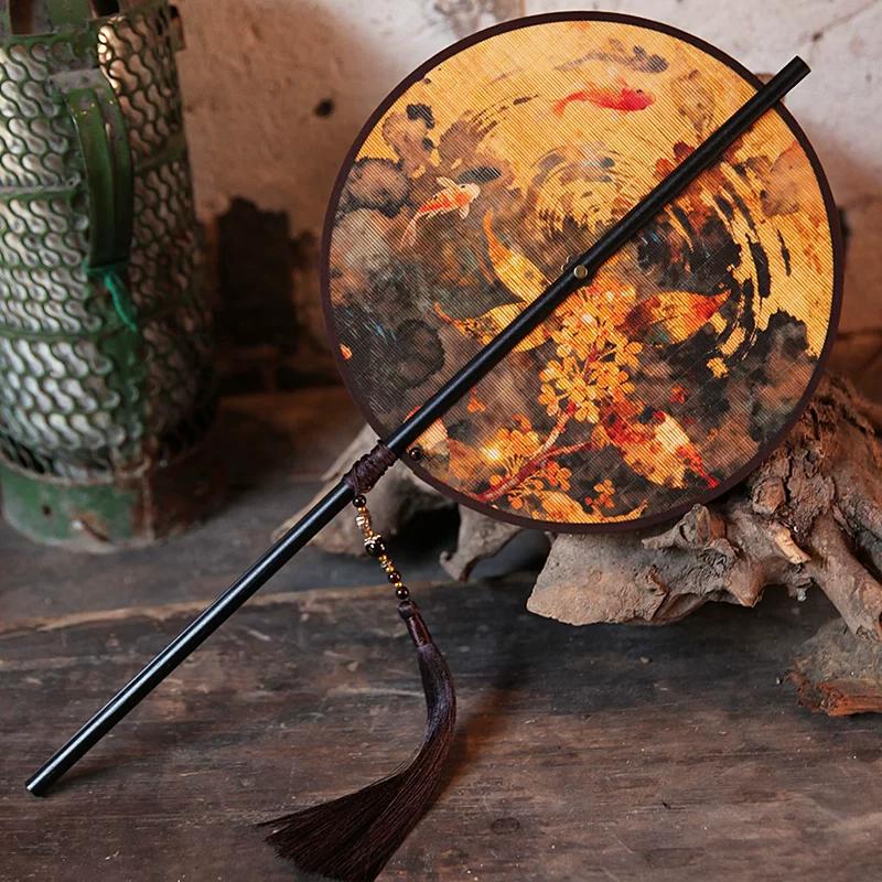 Dunhuang Retro Fine Bamboo Fan, Round Fan with Tassels and Long Handle, Can Be Curled Into a Palace Fan for Dancing and Photography