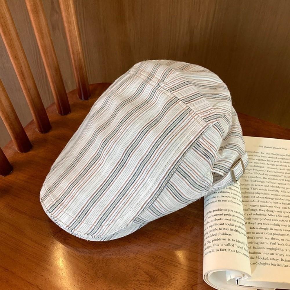 Cotton Striped Forward Hat Adjustable Flat Brim Cap Classic Newsboy Hat Women Men