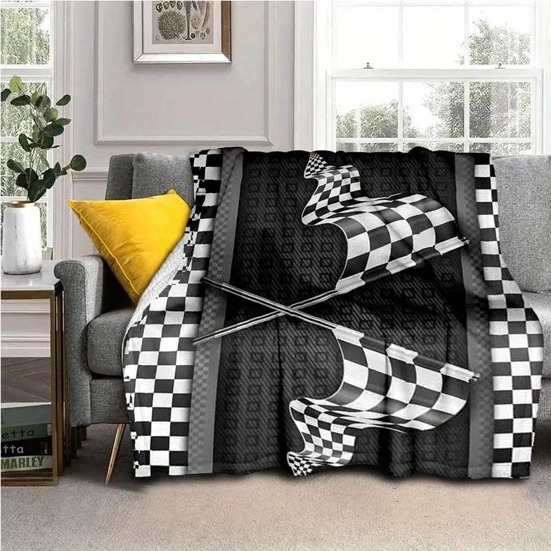 Black and White Checkered Flag Art Print Blanket - Flannel Blanket, Racing Theme for Sofa, Bed, Picnic and Casual Office Use