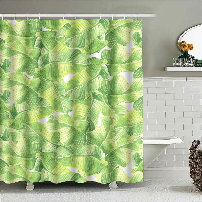 Green Leaf Print Shower Curtain Waterproof Fabric Bathroom Decor 3D Banana Leaves Design For Home Decoration Size:59X70 Inches (