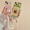 Cute 3D Little Bear for iPhone 16 Pro Max 15 Plus 13 Mini 14 12 11 Pro XS XR 7 8 SE Card Holder Cartoon Phone Case With Lanyard