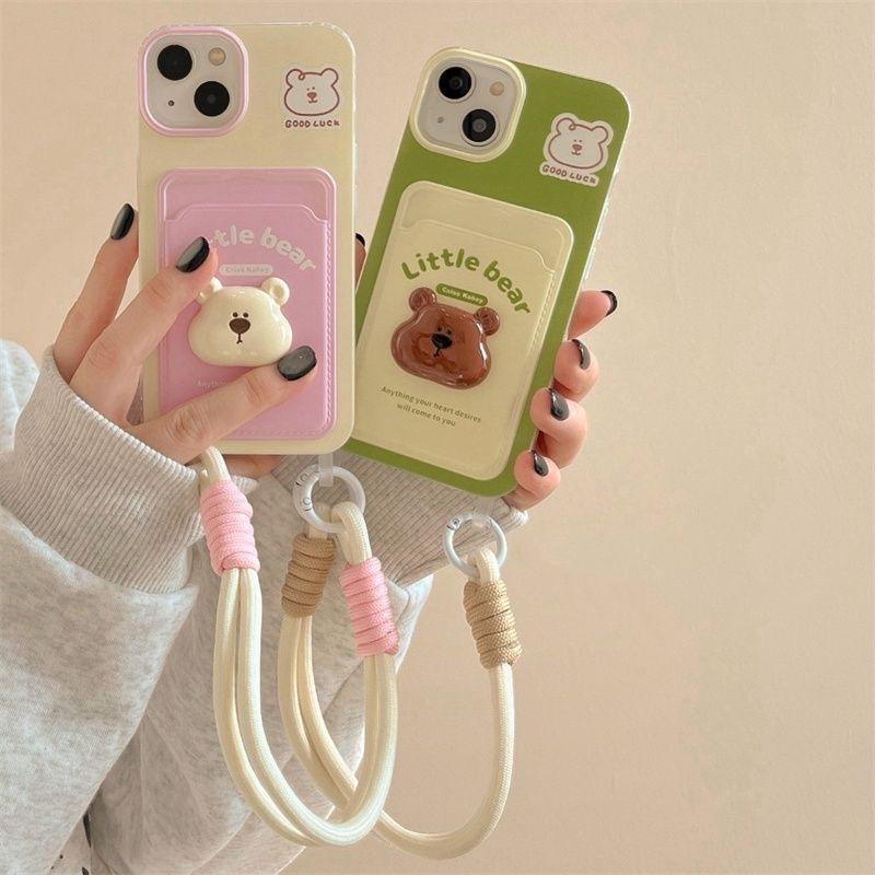 Cute 3D Little Bear for iPhone 16 Pro Max 15 Plus 13 Mini 14 12 11 Pro XS XR 7 8 SE Card Holder Cartoon Phone Case With Lanyard
