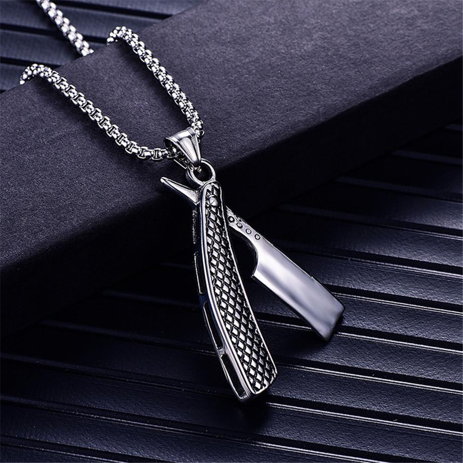 Punk Razor Blade Pendants Necklaces Gold Color Stainless Steel Chain Barber Shop Necklace for Men Jewelry