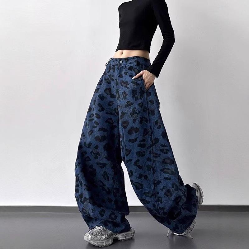 Leopard Print Contrasting Color Design Sense Wide-leg Scimitar Jeans Women's Loose Tide Fashion Pants Tide Deep Blue Wash Oversized Wide-leg Pants