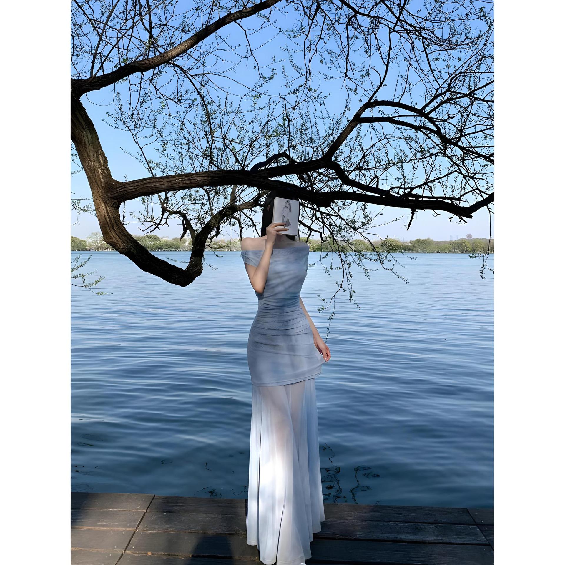 

Носите синее цветочное платье на бретелях для приморского отдыха ранним летом, детское новое повседневное платье с темпераментом XL- (recommended 110-60kg)