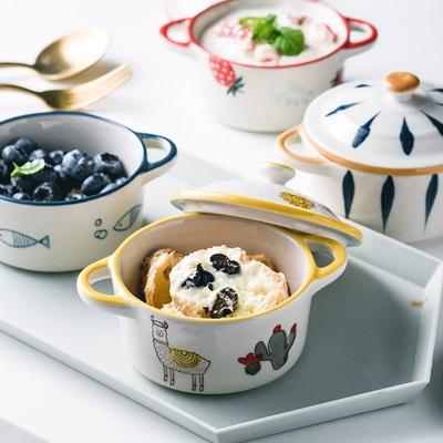Kreskówkowa Miska Ceramiczna Dwuuuszna z Pokrywką Miska na Suplementy Diety dla Dzieci Miska na Makaron Ramen Sałatkę Miska na Jajecznicę na Parze Naczynia Mikrofalowe