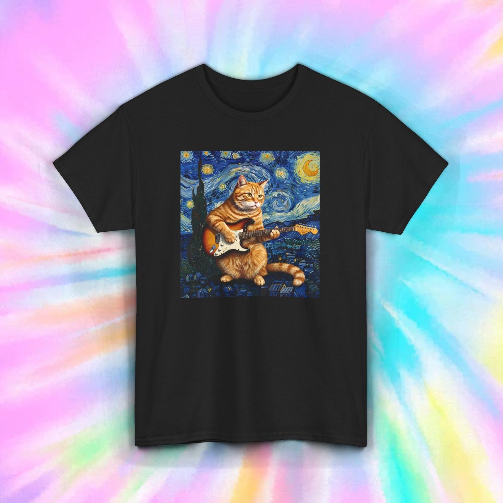 Starry Night Cat T-Shirt Funny Guitar Cat Art Parody Design S-5XL XXXXL